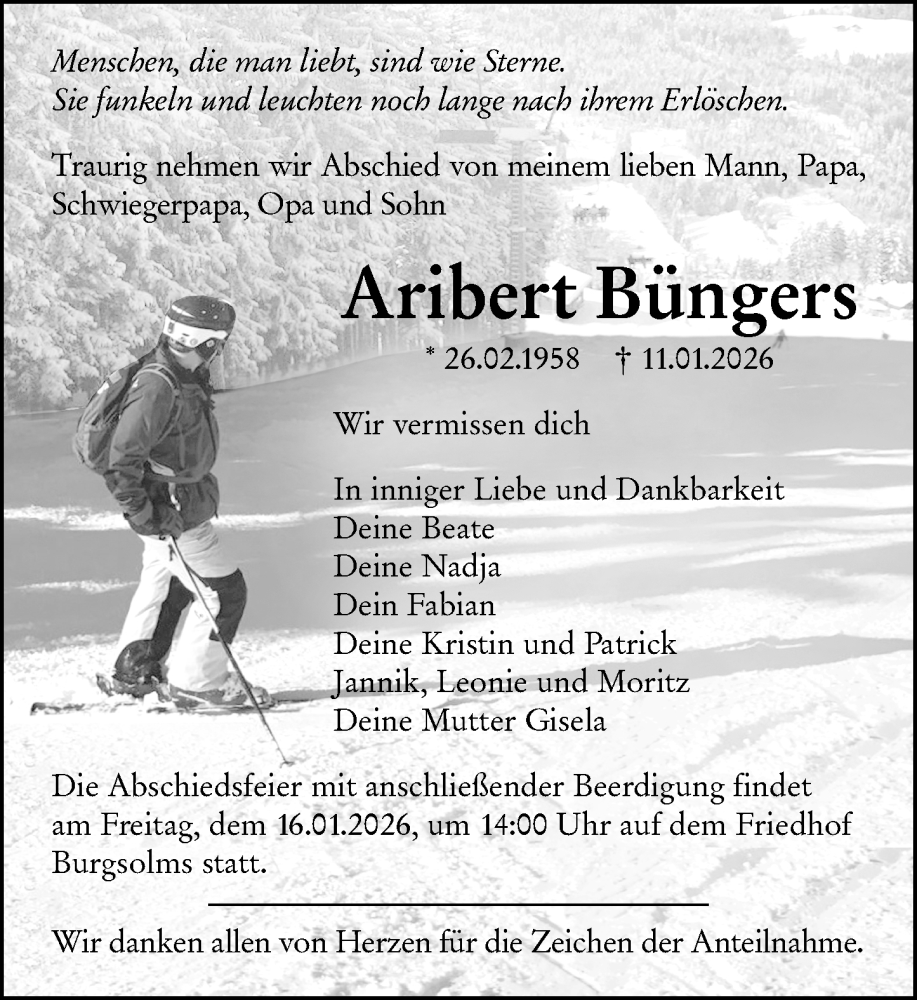 Traueranzeige für Aribert Büngers vom 14.01.2026 aus Wetzlarer Neue Zeitung