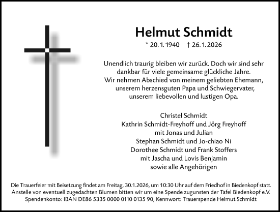 Traueranzeige von Helmut Schmidt von Hinterländer Anzeiger