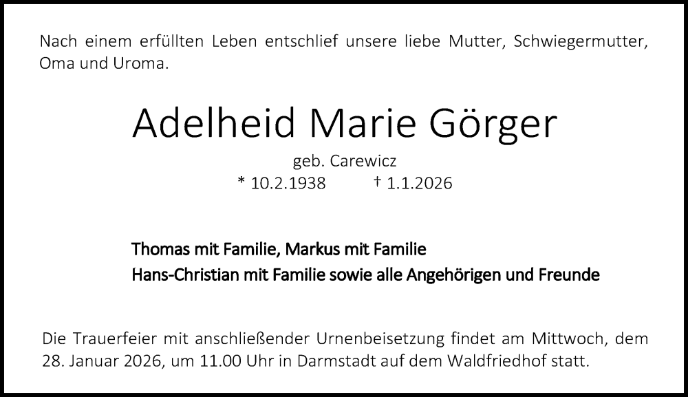  Traueranzeige für Adelheid Marie Görger vom 10.01.2026 aus Darmstädter Echo