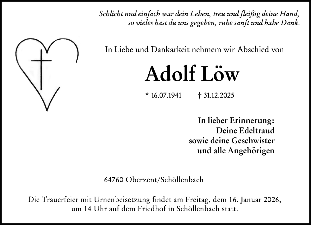  Traueranzeige für Adolf Löw vom 10.01.2026 aus Odenwälder Echo
