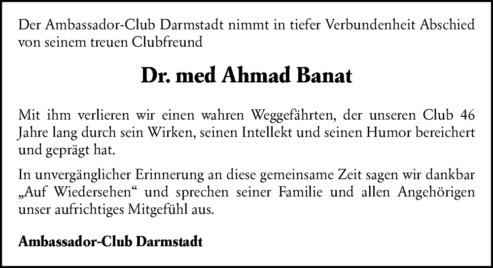  Traueranzeige für Ahmad Banat vom 24.01.2026 aus Darmstädter Echo