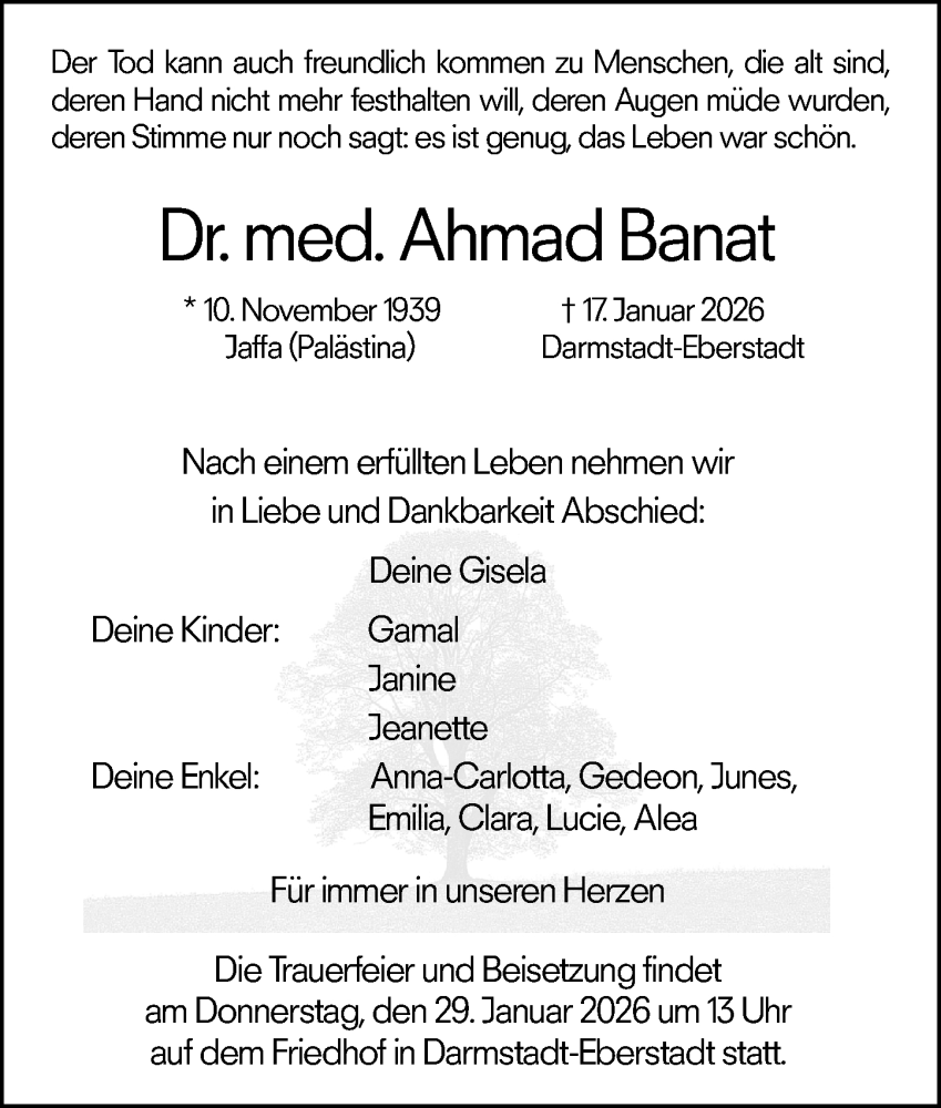  Traueranzeige für Ahmad Banat vom 24.01.2026 aus Darmstädter Echo