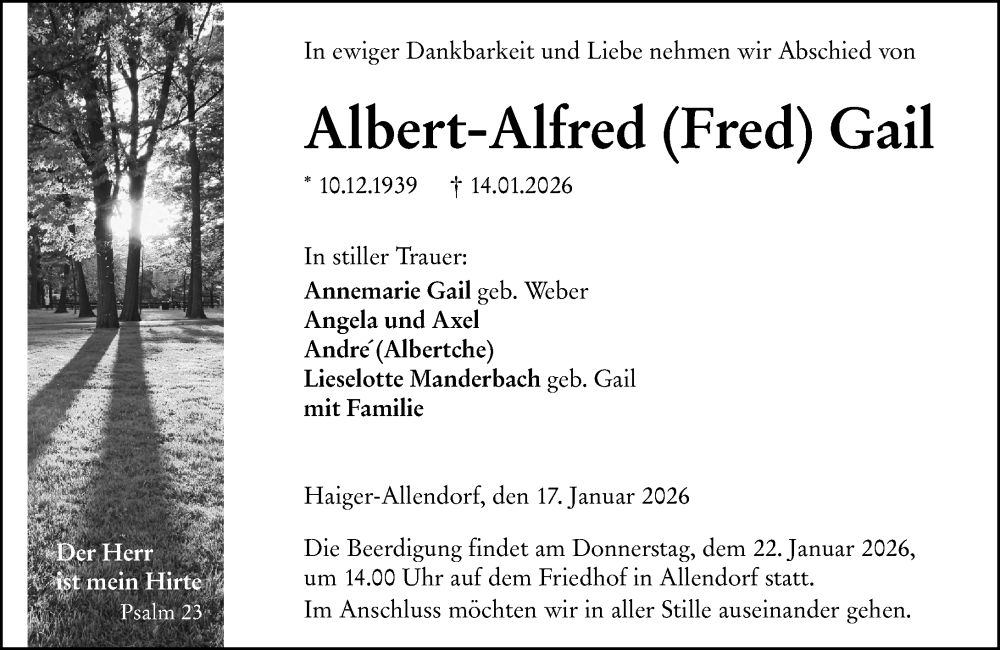  Traueranzeige für Albert-Alfred Gail vom 17.01.2026 aus Dill Block