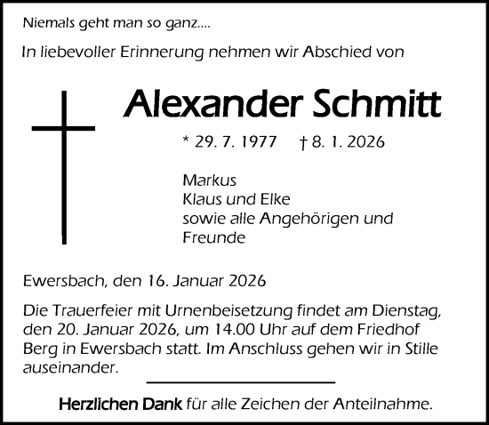 Traueranzeige von Alexander Schmitt von Dill Block