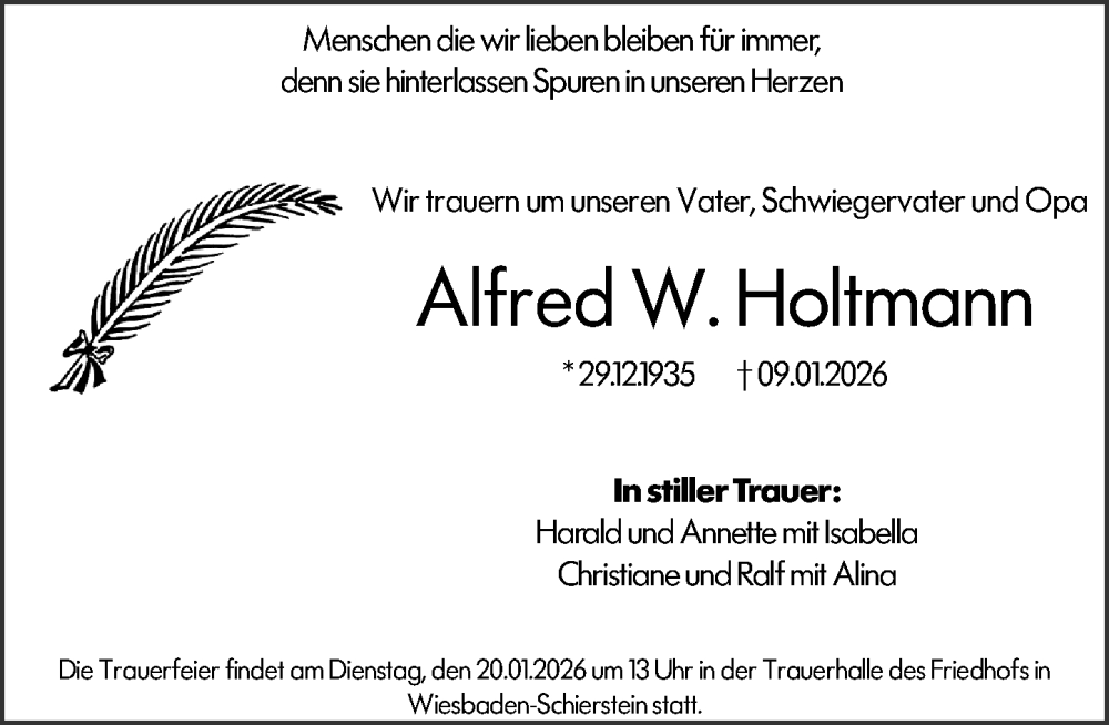  Traueranzeige für Alfred W. Holtmann vom 17.01.2026 aus Wiesbadener Kurier