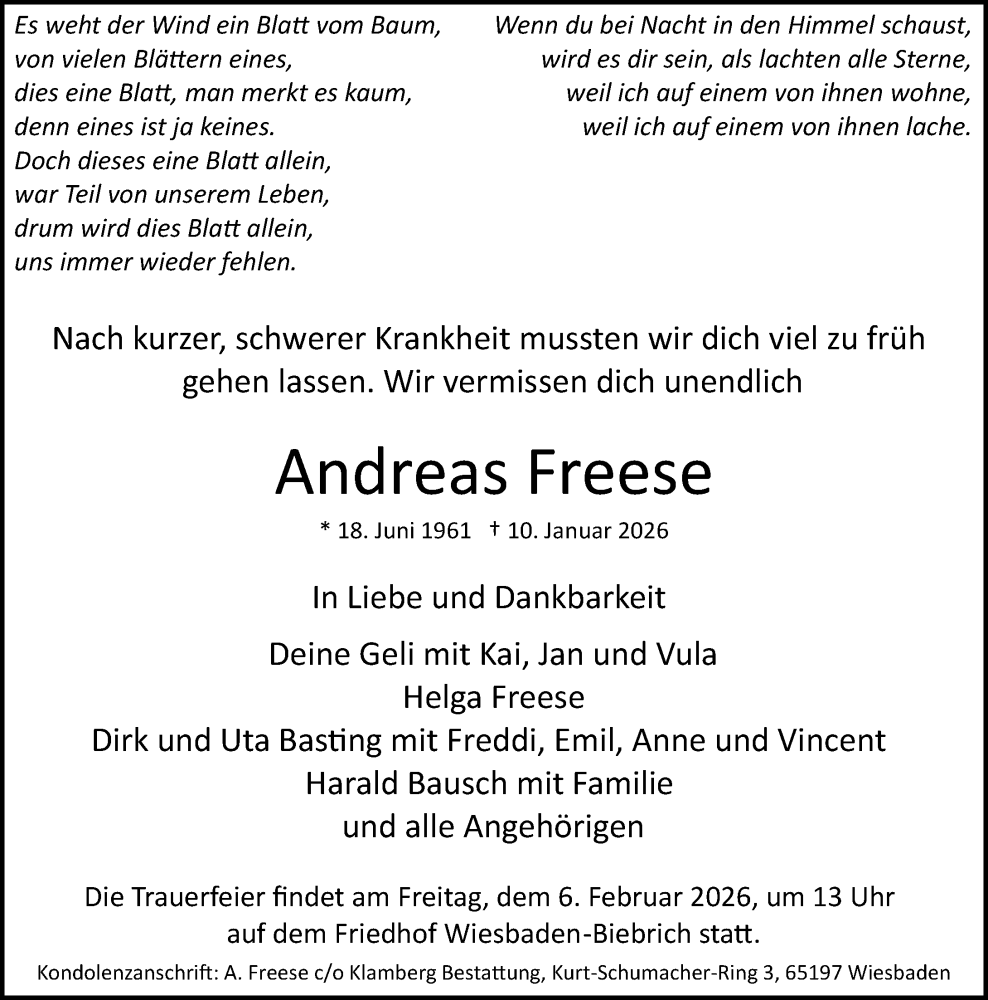  Traueranzeige für Andreas Freese vom 24.01.2026 aus Wiesbadener Kurier