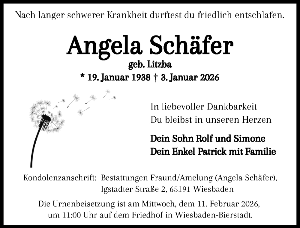  Traueranzeige für Angela Schäfer vom 17.01.2026 aus Wiesbadener Kurier
