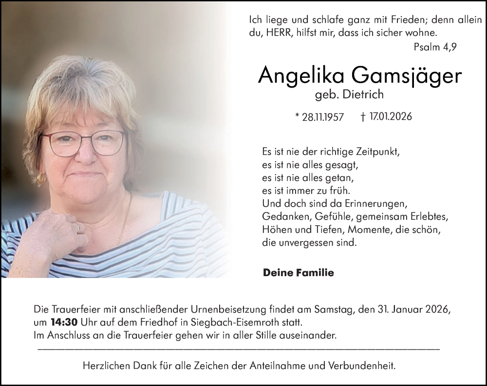  Traueranzeige für Angelika Gamsjäger vom 28.01.2026 aus Hinterländer Anzeiger