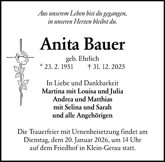 Traueranzeige von Anita Bauer von Groß-Gerauer Echo
