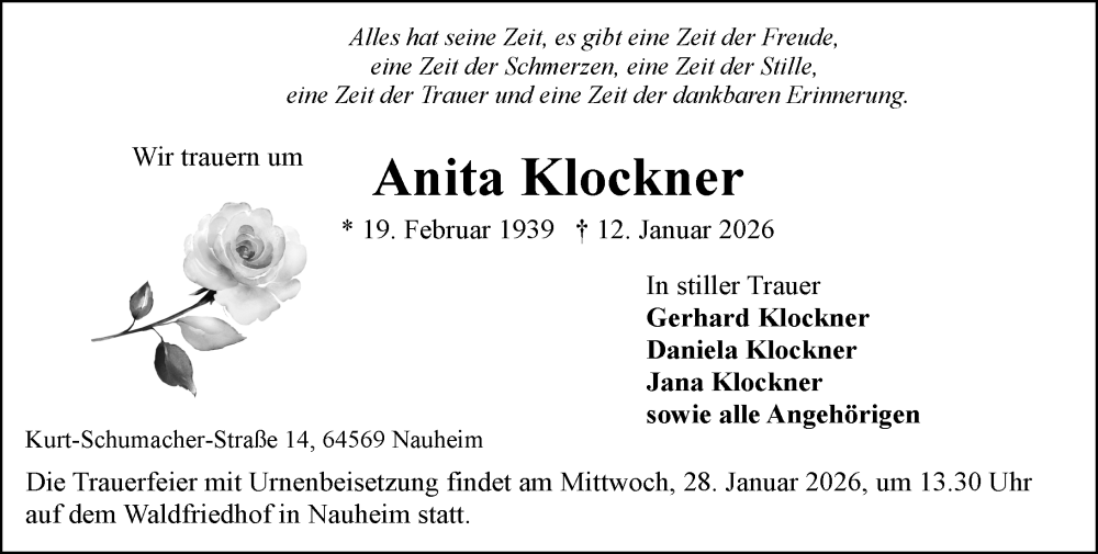  Traueranzeige für Anita Klockner vom 24.01.2026 aus Groß-Gerauer Echo