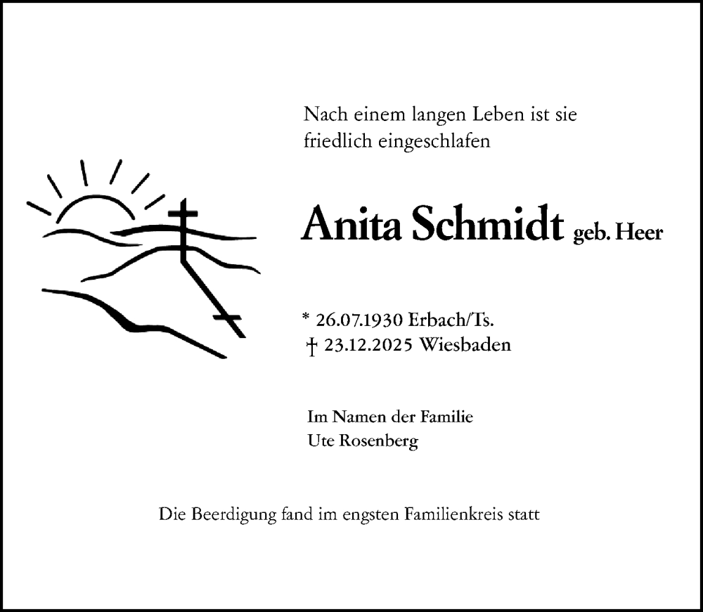  Traueranzeige für Anita Schmidt vom 10.01.2026 aus Wiesbadener Kurier
