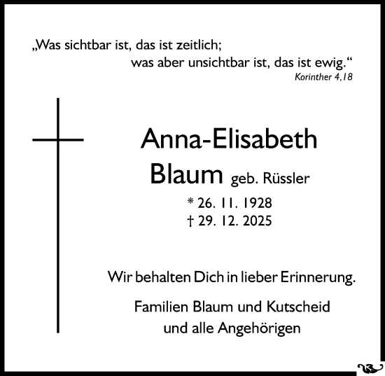 Traueranzeige von Anna-Elisabeth Blaum von Allgemeine Zeitung Mainz
