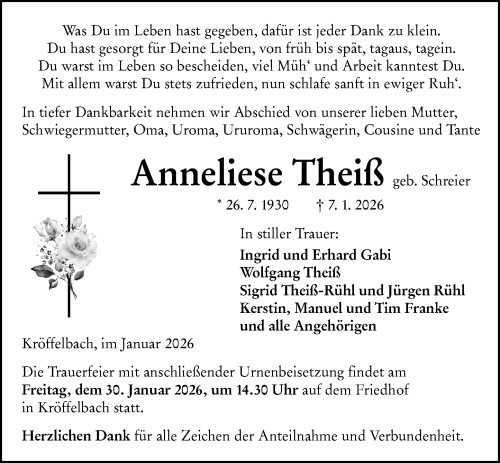  Traueranzeige für Anneliese Theiß vom 24.01.2026 aus Wetzlarer Neue Zeitung