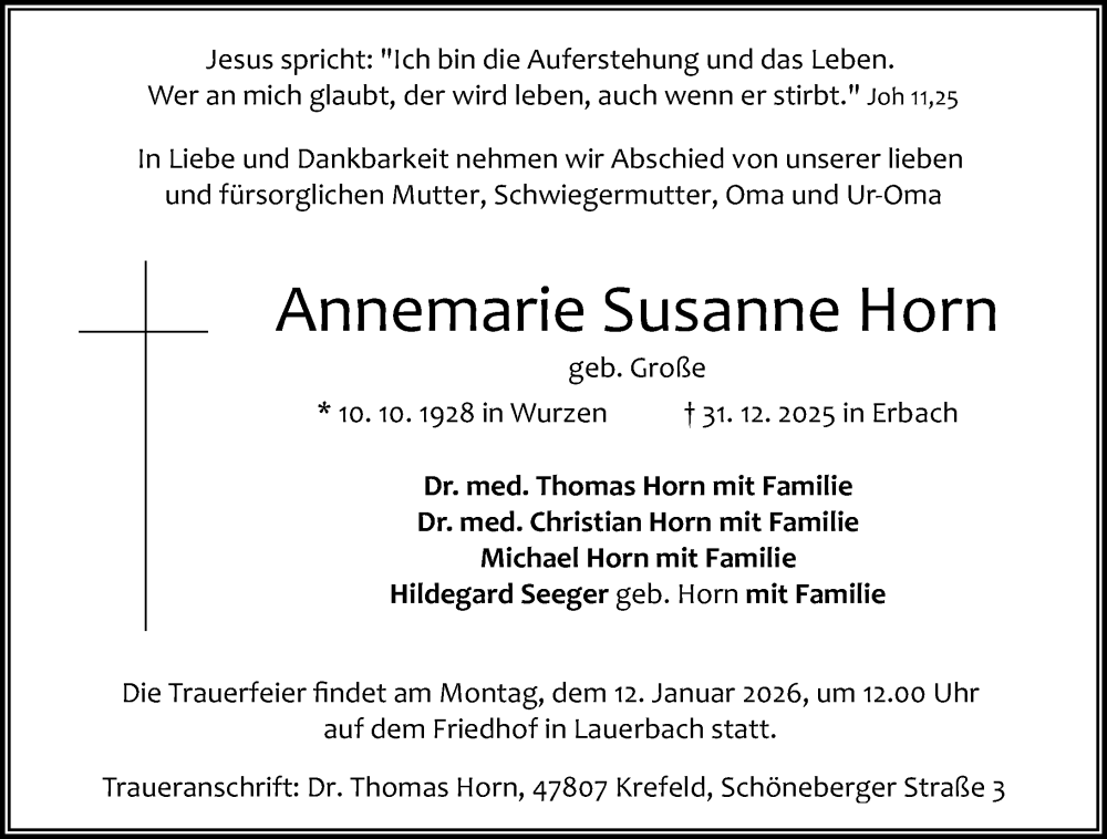  Traueranzeige für Annemarie Susanne Horn vom 10.01.2026 aus Odenwälder Echo