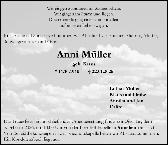 Traueranzeige von Anni Müller von Allgemeine Zeitung Alzey
