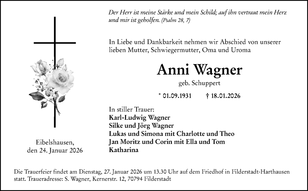  Traueranzeige für Anni Wagner vom 24.01.2026 aus Hinterländer Anzeiger