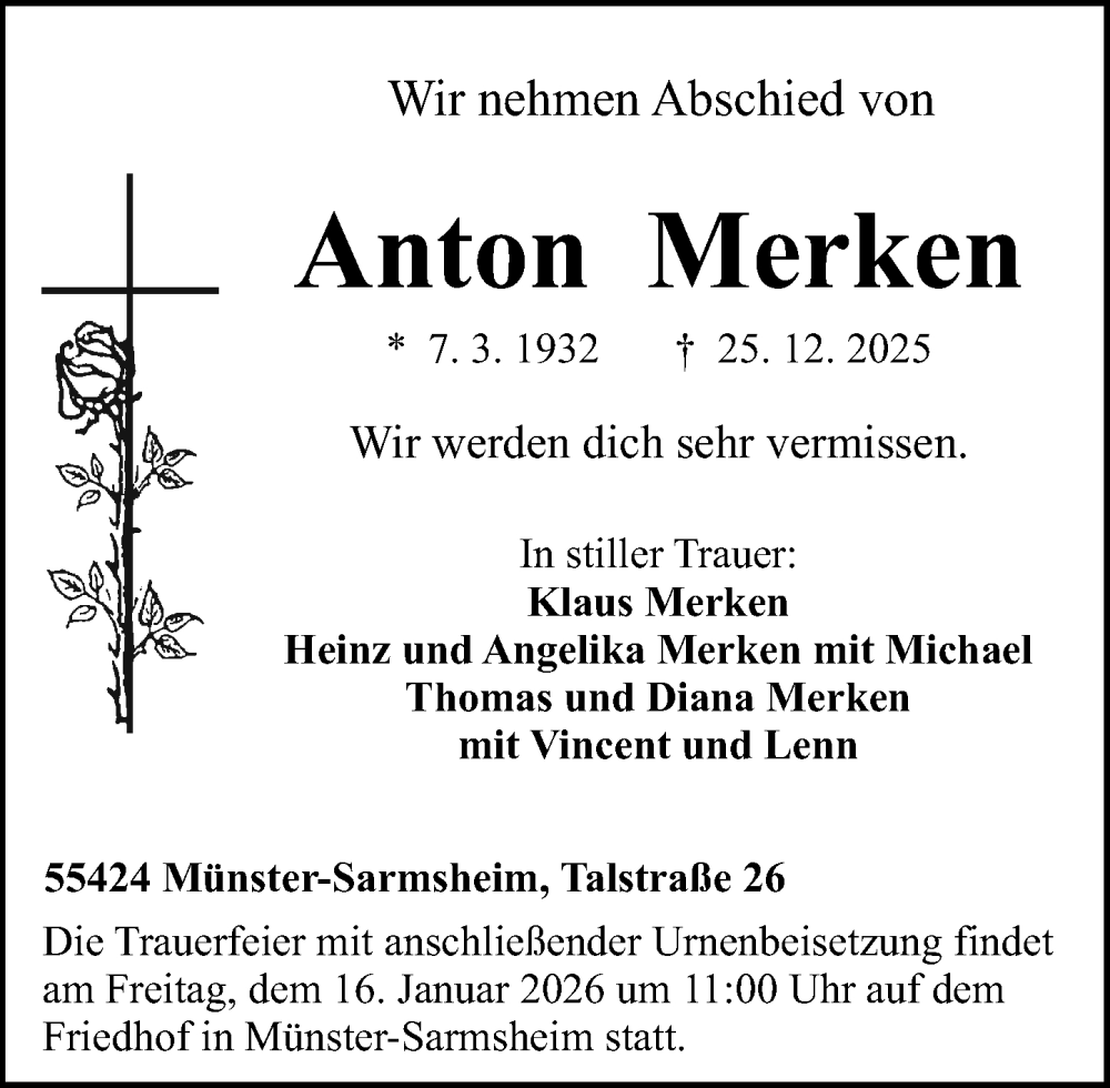  Traueranzeige für Anton Merken vom 10.01.2026 aus Allgemeine Zeitung Rheinhessen-Nahe