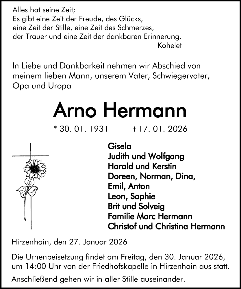 Traueranzeige für Arno Hermann vom 27.01.2026 aus Dill Block