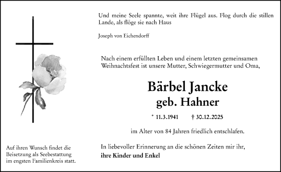 Traueranzeige von Bärbel Jancke von Allgemeine Zeitung Mainz