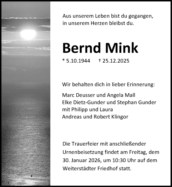 Traueranzeige von Bernd Mink von Darmstädter Echo