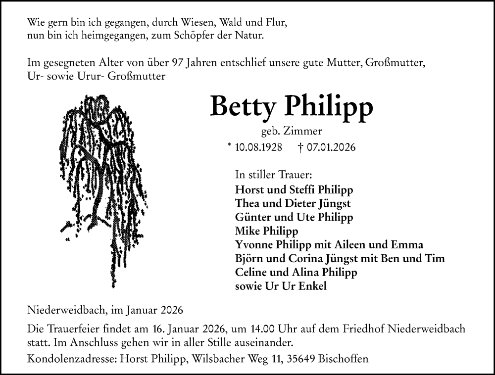  Traueranzeige für Betty Philipp vom 14.01.2026 aus Wetzlarer Neue Zeitung