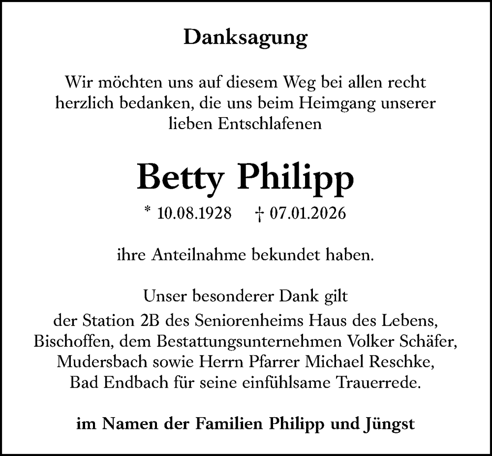  Traueranzeige für Betty Philipp vom 24.01.2026 aus Wetzlarer Neue Zeitung
