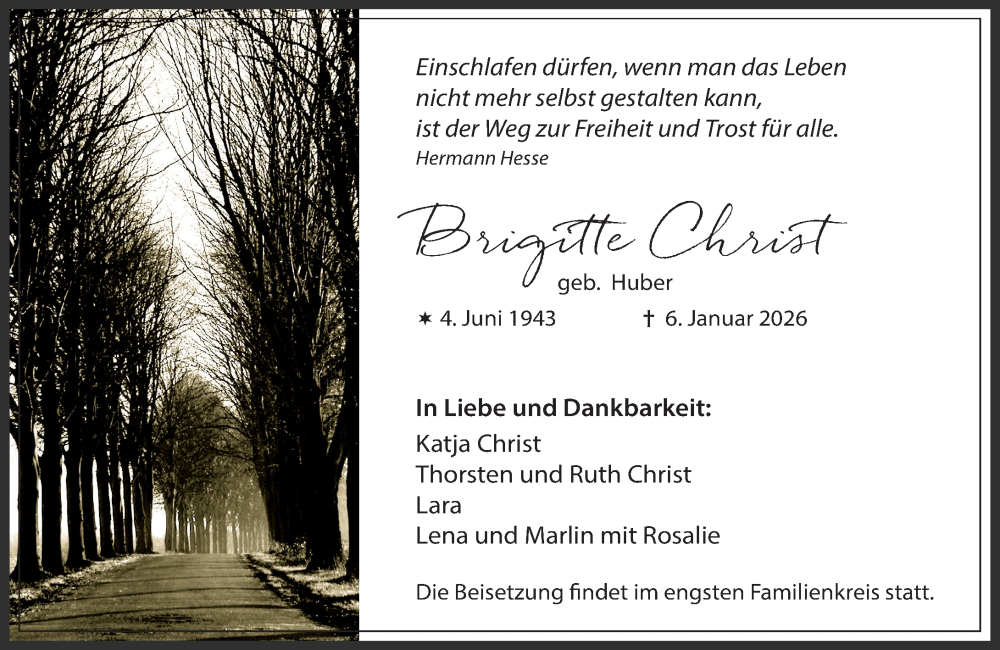  Traueranzeige für Brigitte Christ vom 10.01.2026 aus Idsteiner Land/Untertaunus