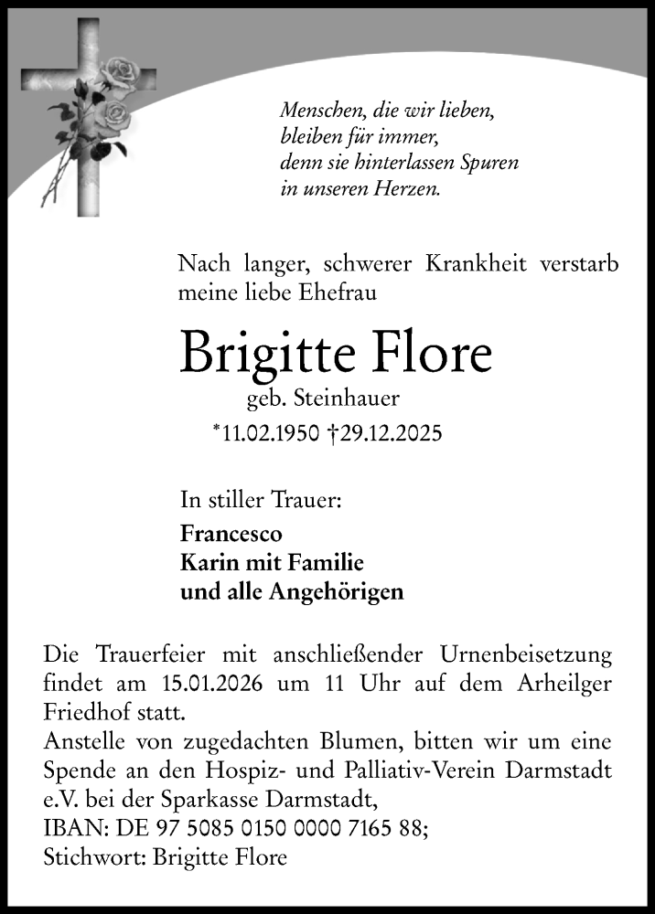 Traueranzeige für Brigitte Flore vom 10.01.2026 aus Darmstädter Echo