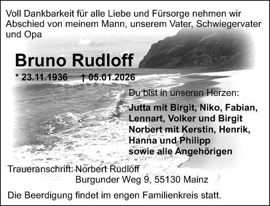 Traueranzeige von Bruno Rudloff von Allgemeine Zeitung Mainz