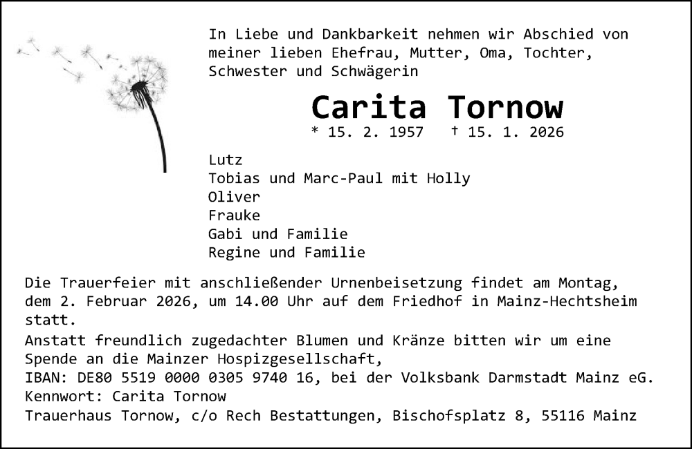 Traueranzeige für Carita Tornow vom 24.01.2026 aus Wiesbadener Kurier