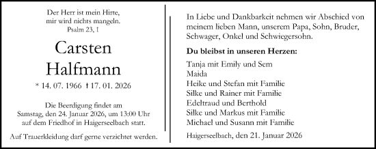 Traueranzeige von Carsten Halfmann von Dill Block