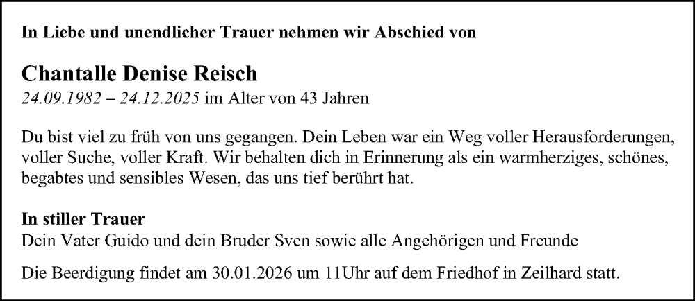  Traueranzeige für Chantalle Denise Reisch vom 28.01.2026 aus Darmstädter Echo