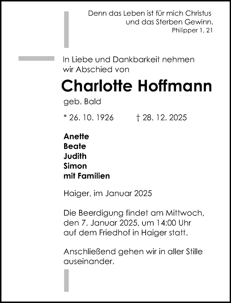  Traueranzeige für Charlotte Hoffmann vom 03.01.2026 aus Dill Block