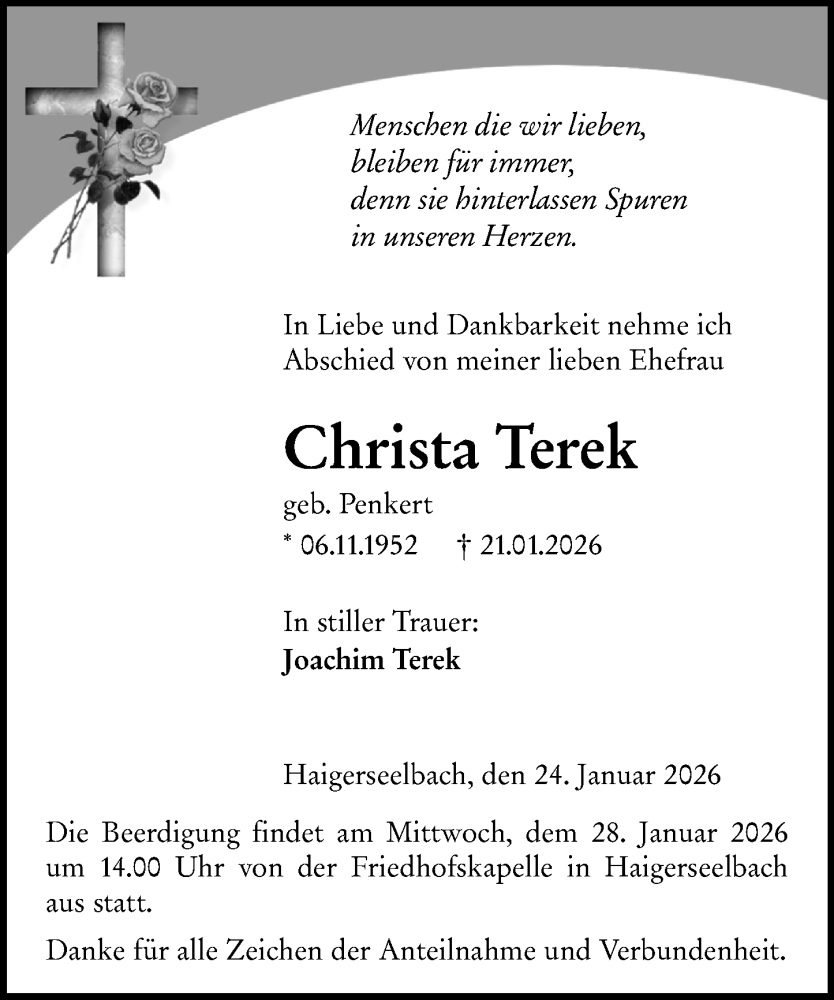  Traueranzeige für Christa Terek vom 24.01.2026 aus Dill Block