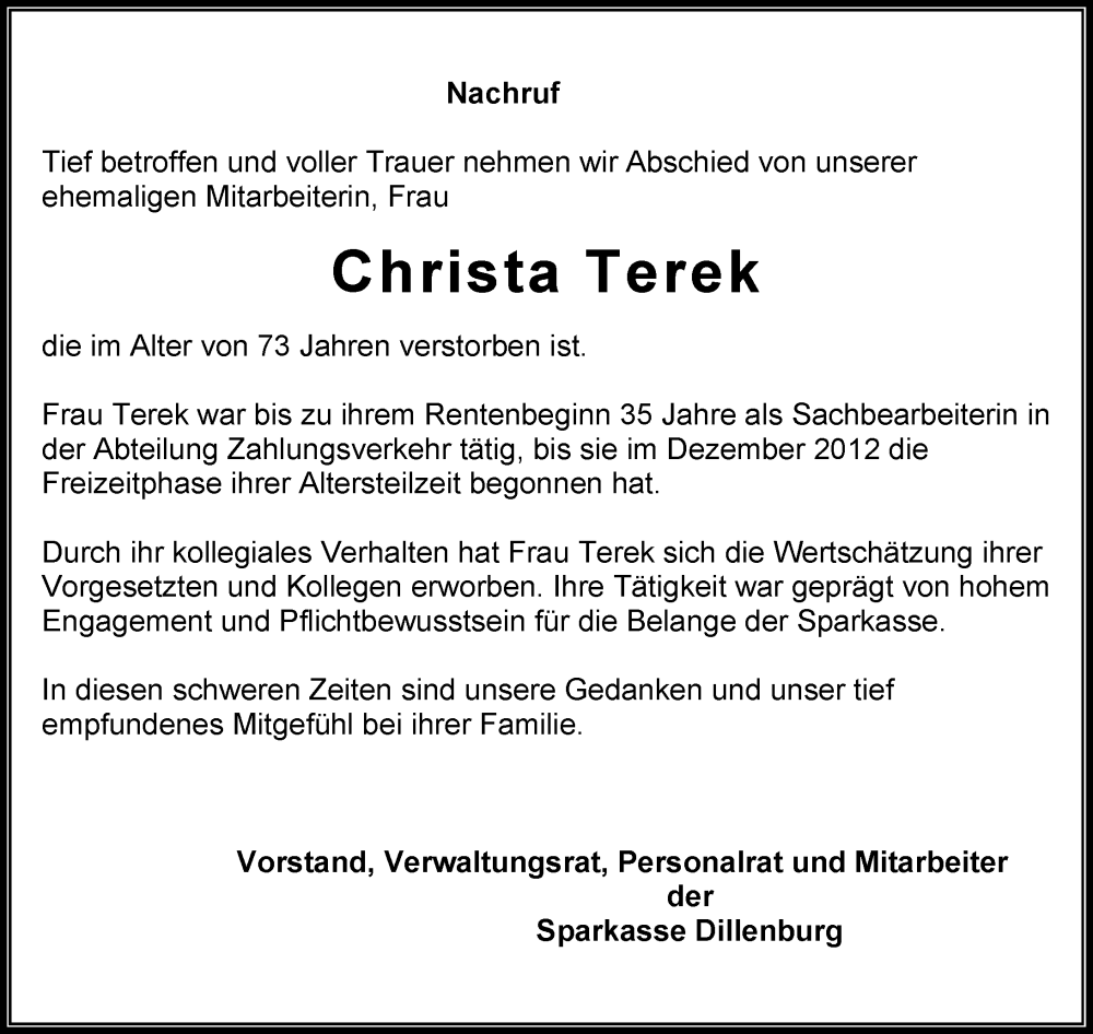  Traueranzeige für Christa Terek vom 28.01.2026 aus Dill Block