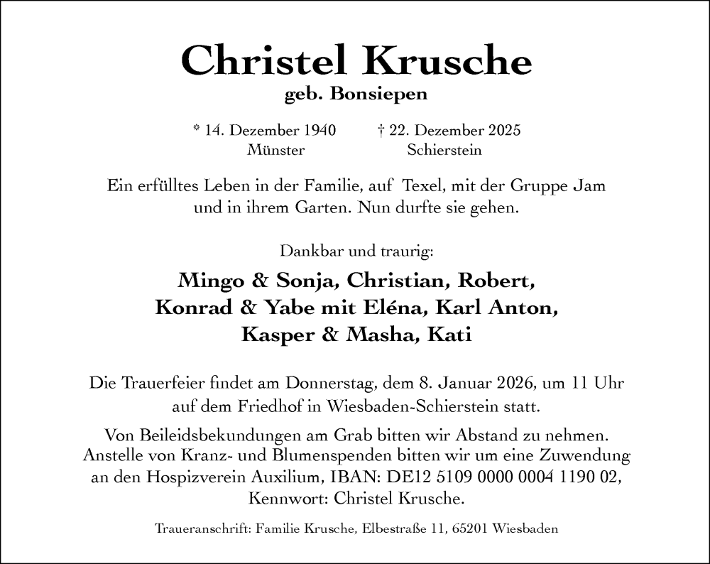  Traueranzeige für Christel Krusche vom 03.01.2026 aus Wiesbadener Kurier