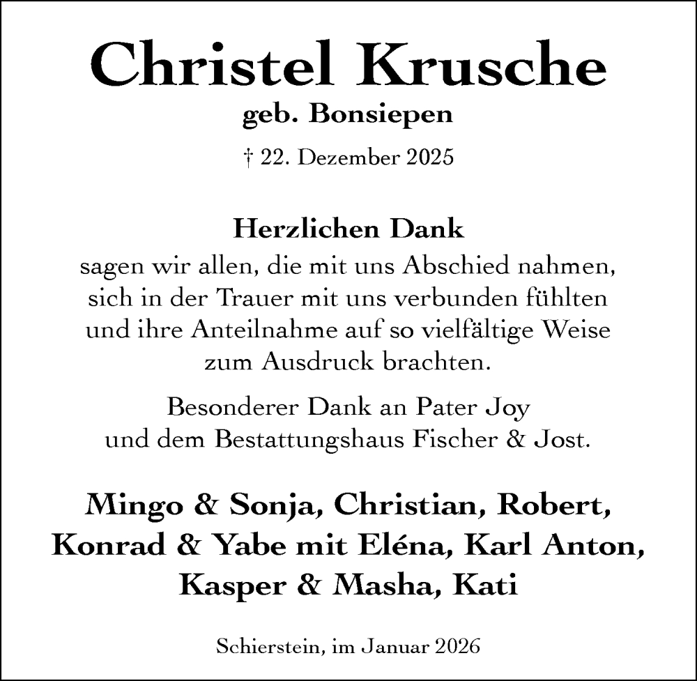  Traueranzeige für Christel Krusche vom 24.01.2026 aus Wiesbadener Kurier