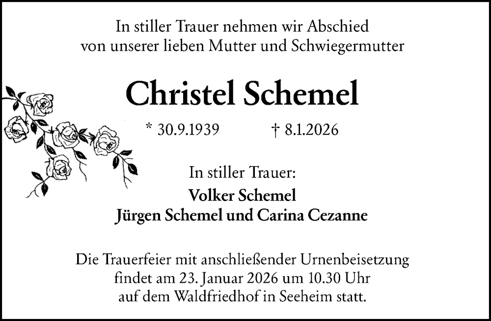 Traueranzeige für Christel Schemel vom 17.01.2026 aus Darmstädter Echo