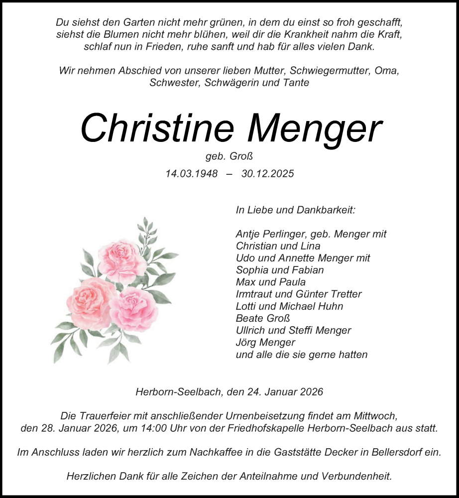  Traueranzeige für Christine Menger vom 24.01.2026 aus Dill Block