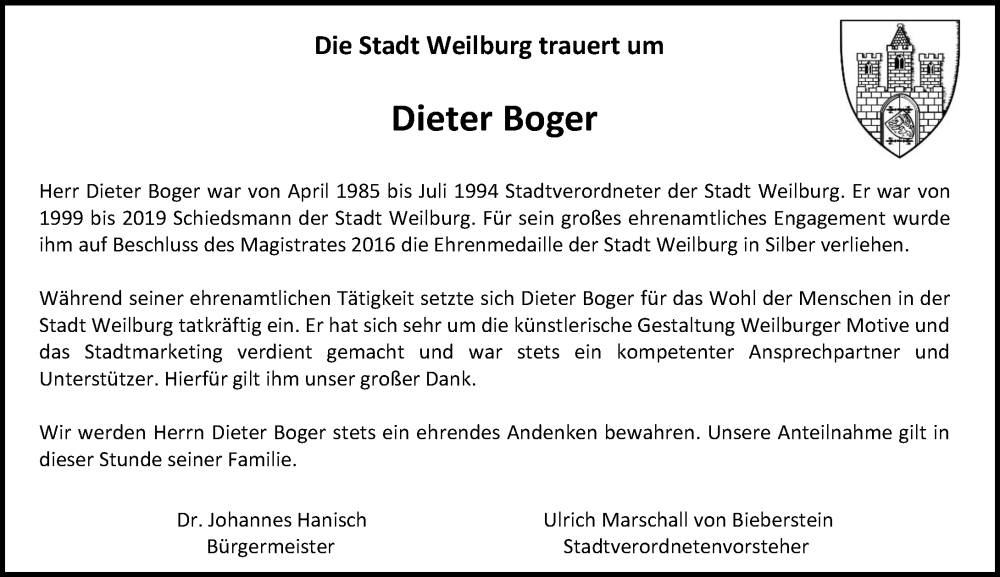  Traueranzeige für Dieter Boger vom 22.01.2026 aus Weilburger Tageblatt