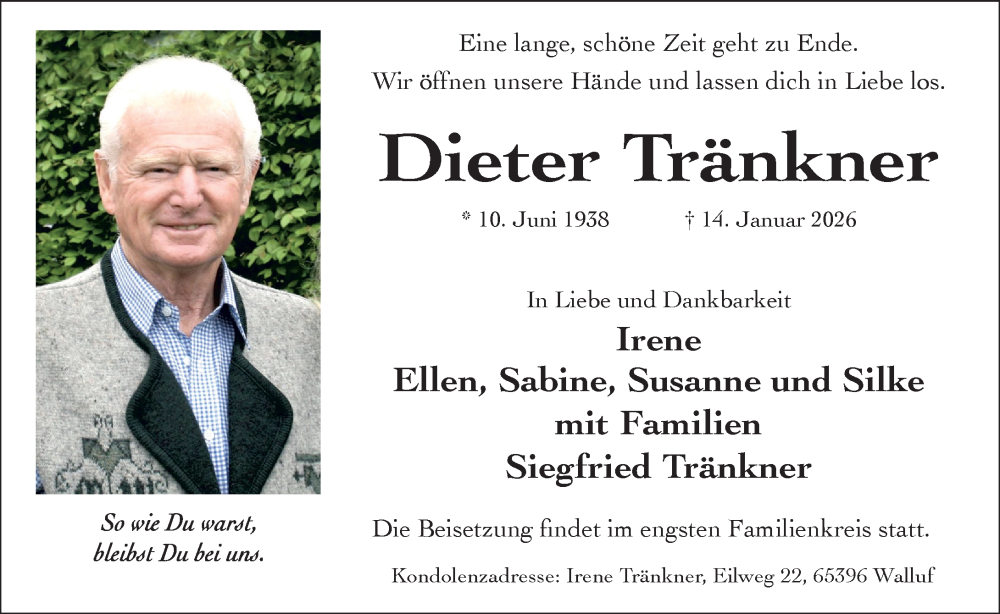  Traueranzeige für Dieter Tränkner vom 24.01.2026 aus Wiesbadener Kurier