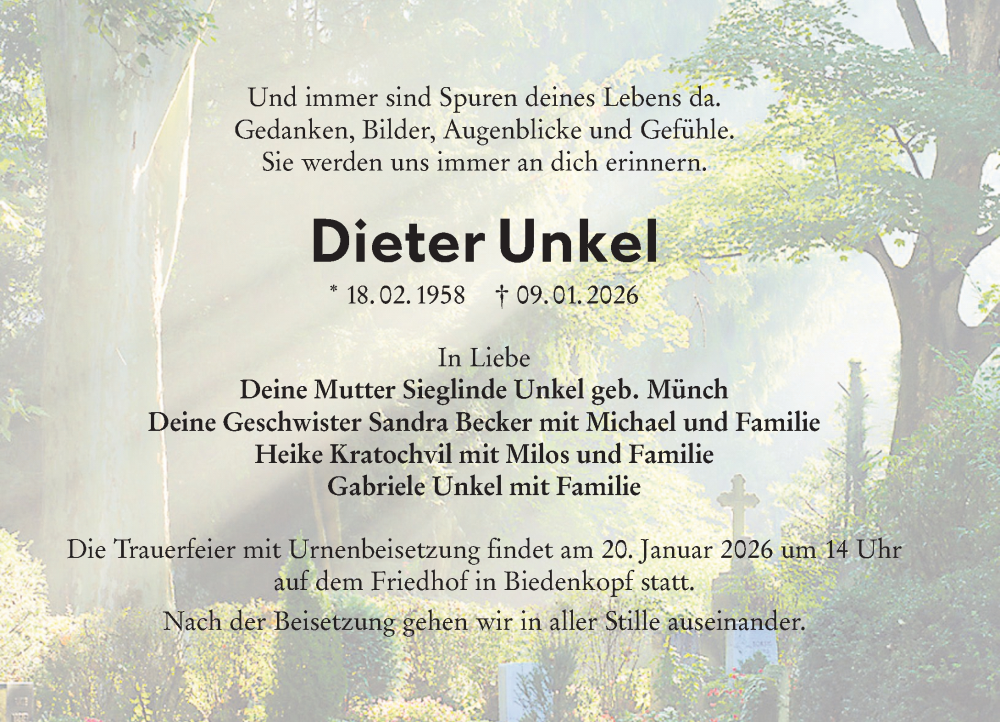  Traueranzeige für Dieter Unkel vom 16.01.2026 aus Hinterländer Anzeiger