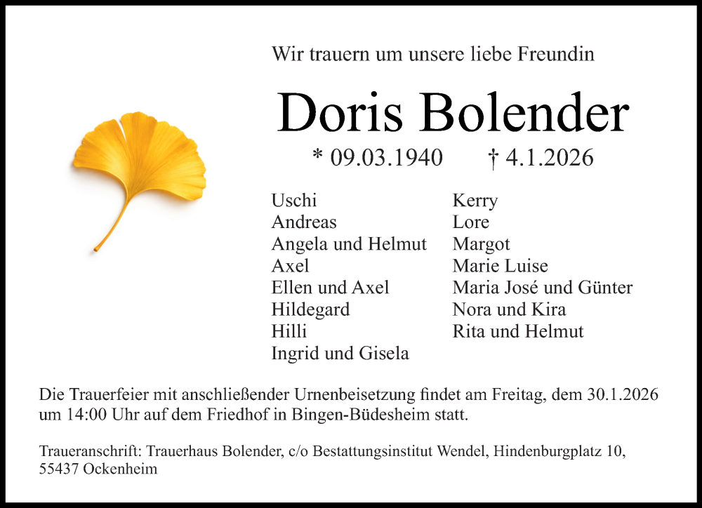  Traueranzeige für Doris Bolender vom 17.01.2026 aus Allgemeine Zeitung Rheinhessen-Nahe