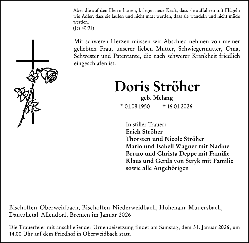  Traueranzeige für Doris Ströher vom 23.01.2026 aus Hinterländer Anzeiger