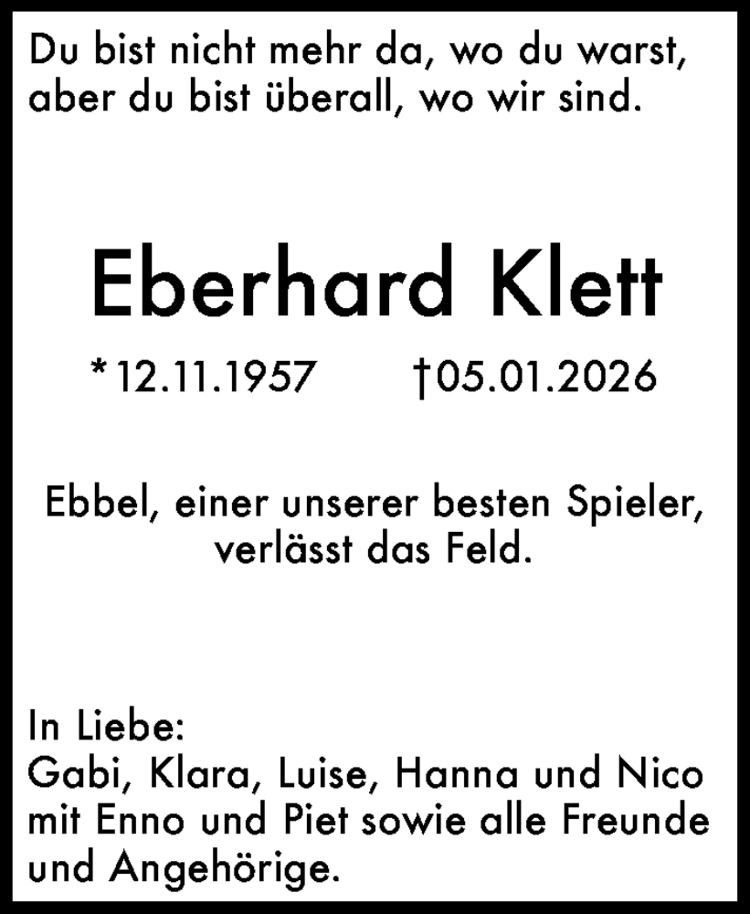  Traueranzeige für Eberhard Klett vom 10.01.2026 aus Darmstädter Echo