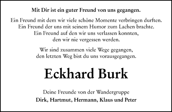 Traueranzeige von Eckhard Burk von Hinterländer Anzeiger