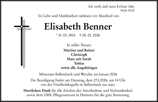 Traueranzeige von Elisabeth Benner von Dill Block