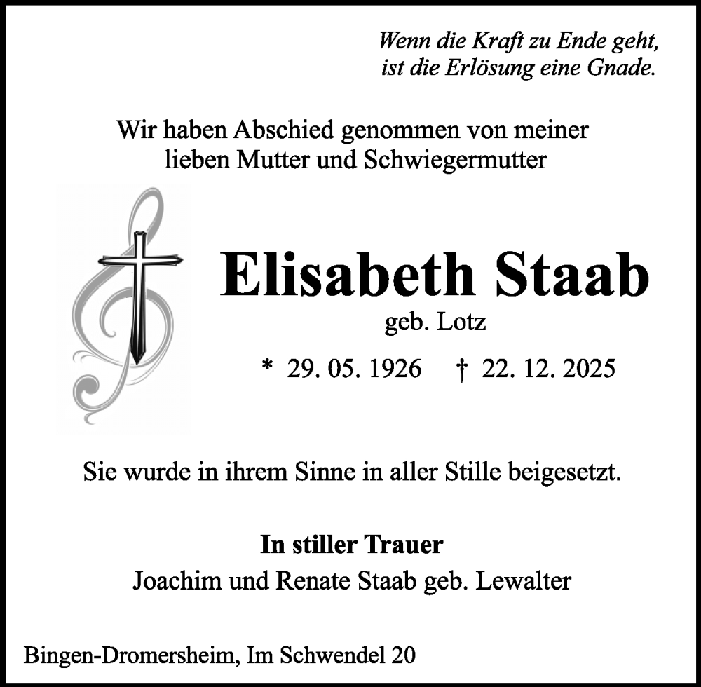 Traueranzeige für Elisabeth Staab vom 10.01.2026 aus Allgemeine Zeitung Rheinhessen-Nahe