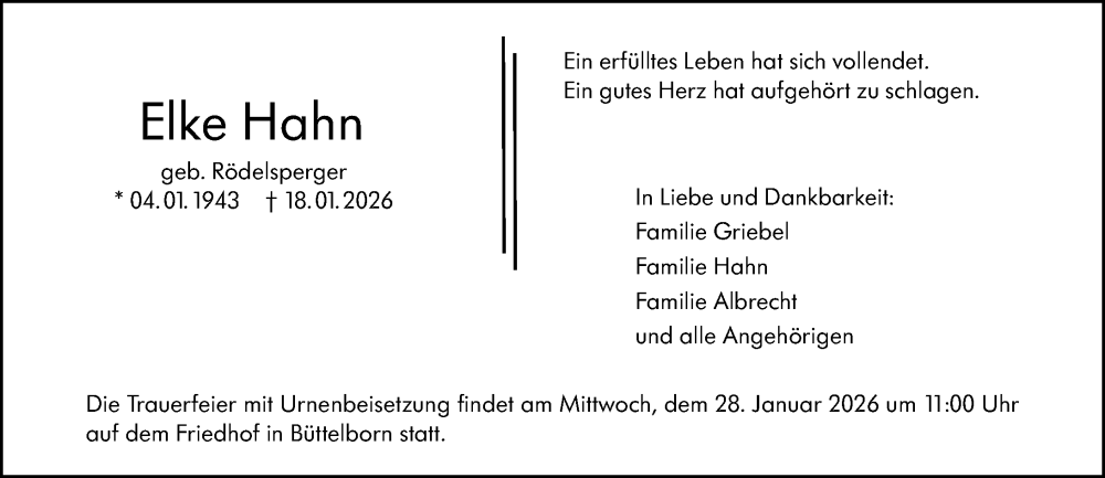  Traueranzeige für Elke Hahn vom 24.01.2026 aus Groß-Gerauer Echo