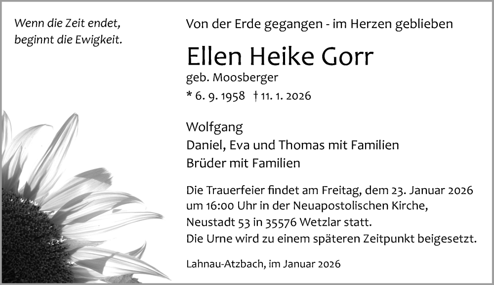  Traueranzeige für Ellen Heike Gorr vom 17.01.2026 aus Wetzlarer Neue Zeitung